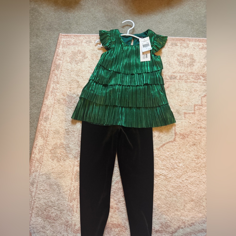 Green Pleated Top and velour Pants Set - st Patrick’s day Mardi Gras
